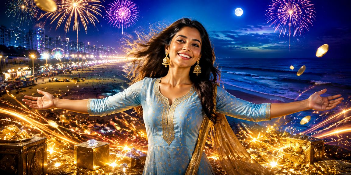 Indian woman engaged in online casino betting at Chennai Marina Beach