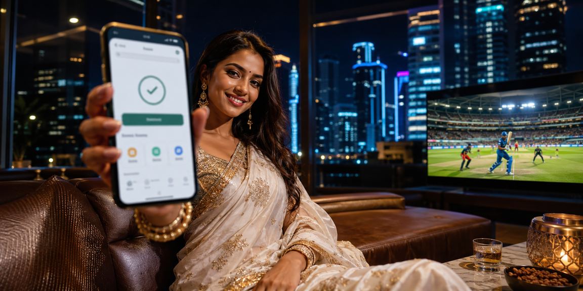 Focused Indian player using mobile betting app during cricket match