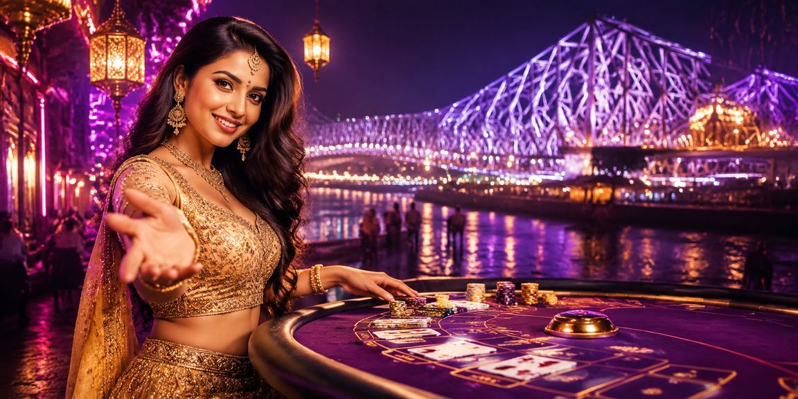 Woman in traditional attire playing baccarat near Howrah Bridge in Kolkata